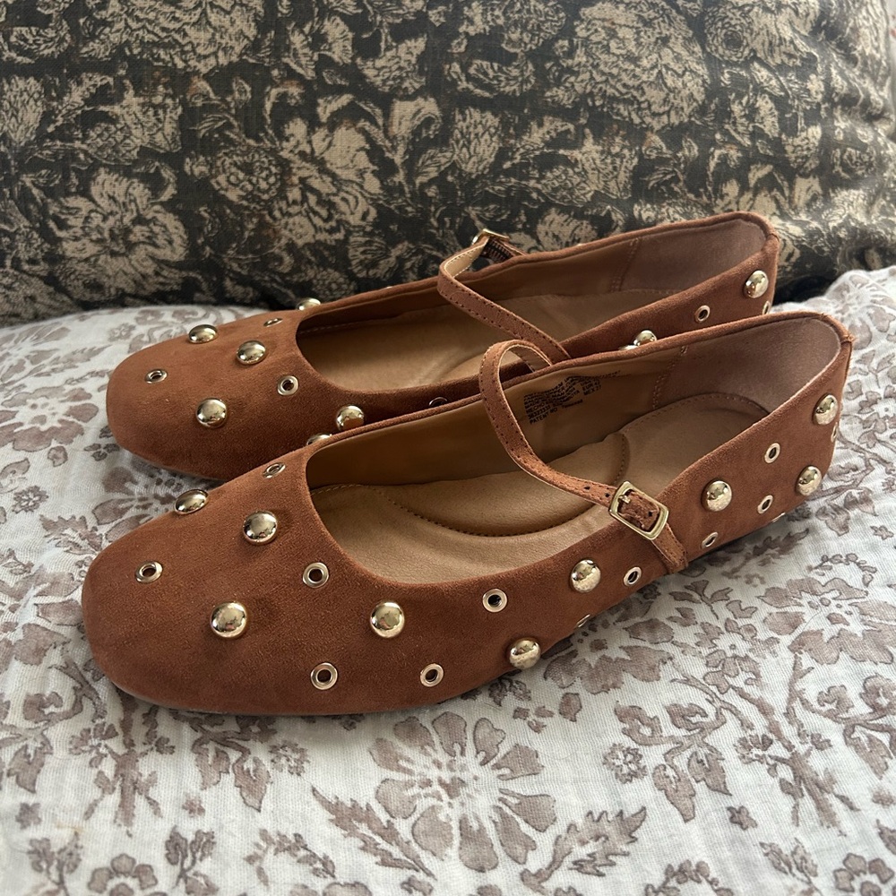 Studded Mary Jane Flats in Brown
